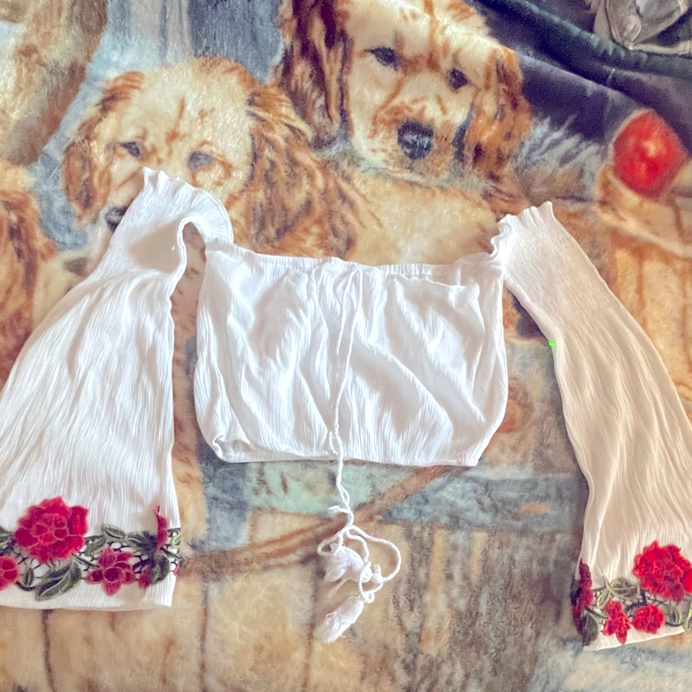 long sleeve top with roses on the sleeves